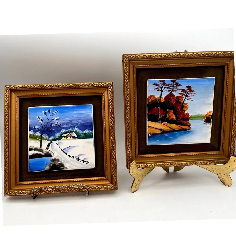 Vtg Ucago Ceramic Japan Hand Painted Autumn/Winter Lake Tiles Gold Frame Pair